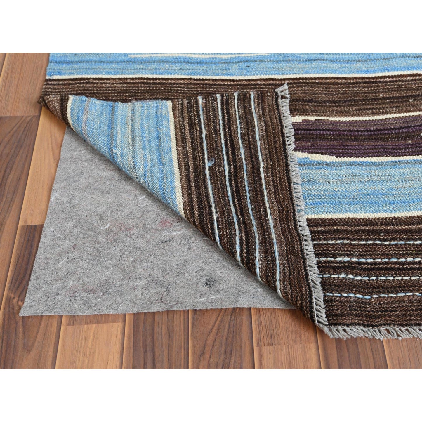 6'4"X9' Hand Woven Kilim Flat Weave Brown And Blue Mountain Design Rug
