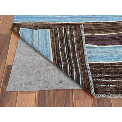 6'4"X9' Hand Woven Kilim Flat Weave Brown And Blue Mountain Design Rug