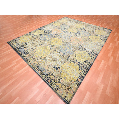 9'1"X11'9" Yellow Repetitive Emblem Design Hand Knotted Wool Oriental Rug