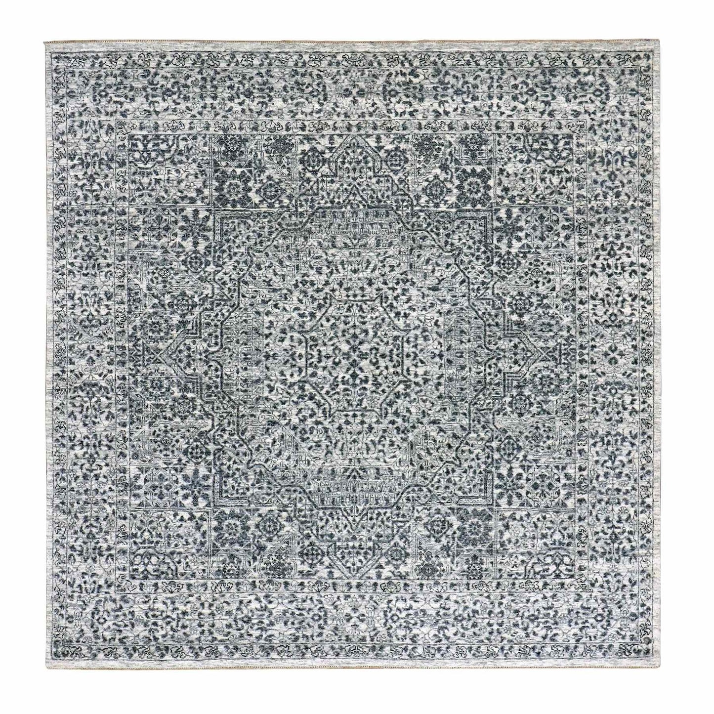 6'X6' White Mamluk Dynasty Design Undyed Wool Hand Knotted Square Rug