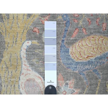 5'1"X12' Gray Hand Knotted Peshawar Birds Design Soft Wool Runner Rug