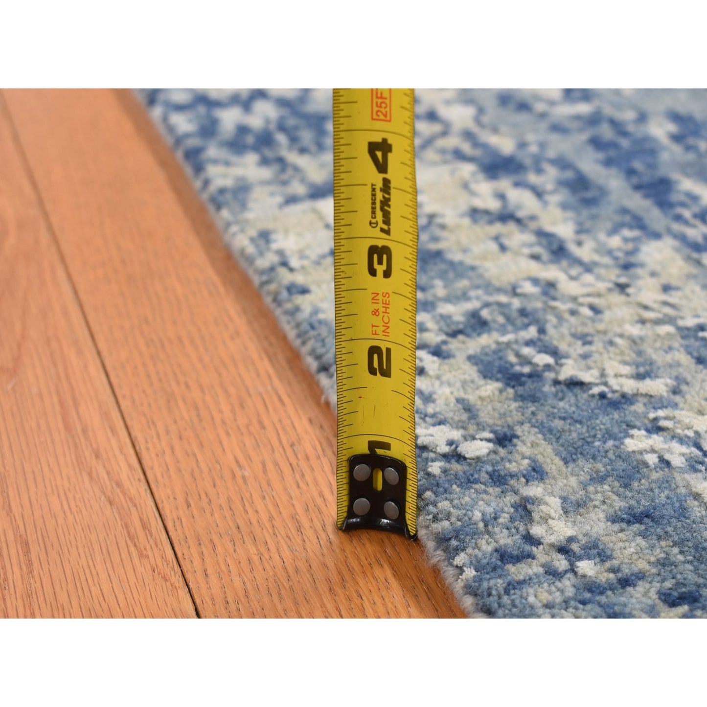 2'6"X8'1" Blue Abstract Design Wool And Silk Hand Knotted Runner Rug