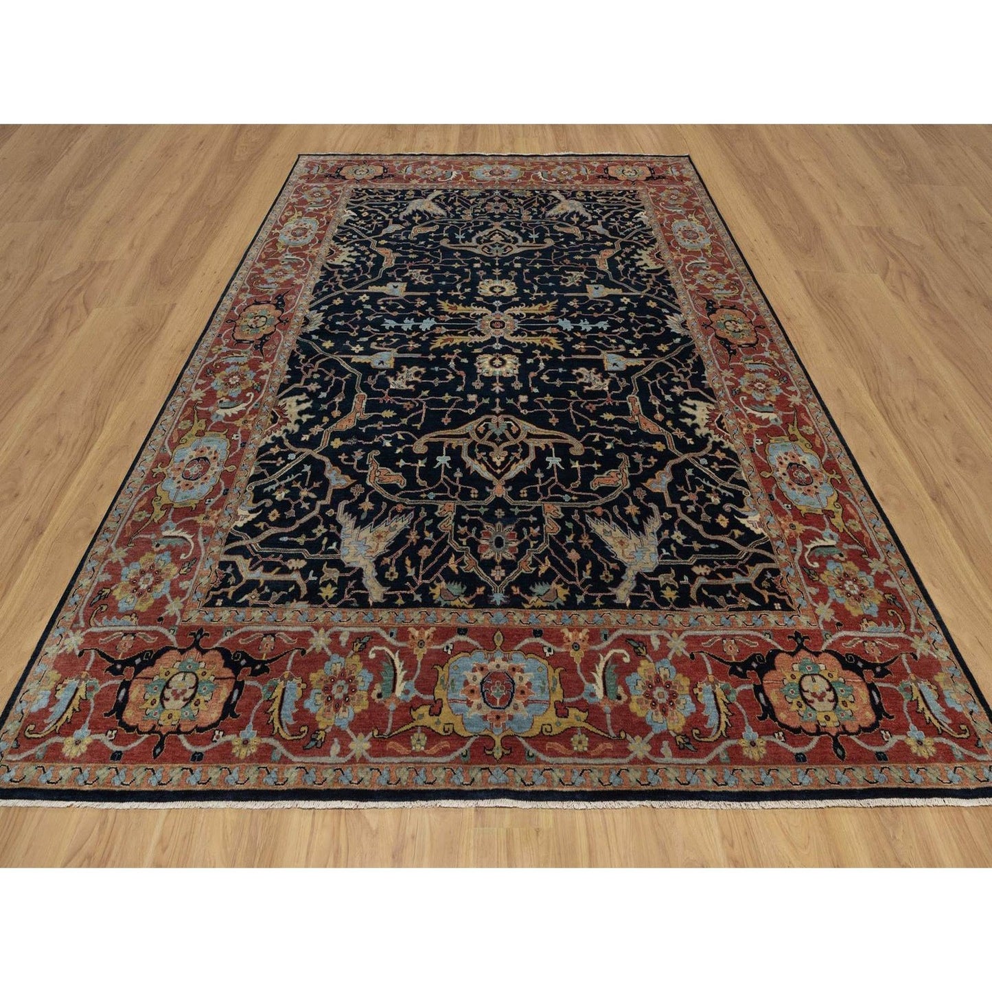 9'X12'1" Caviar Blue Antiqued Heris New Zealand Wool Hand Knotted Rug