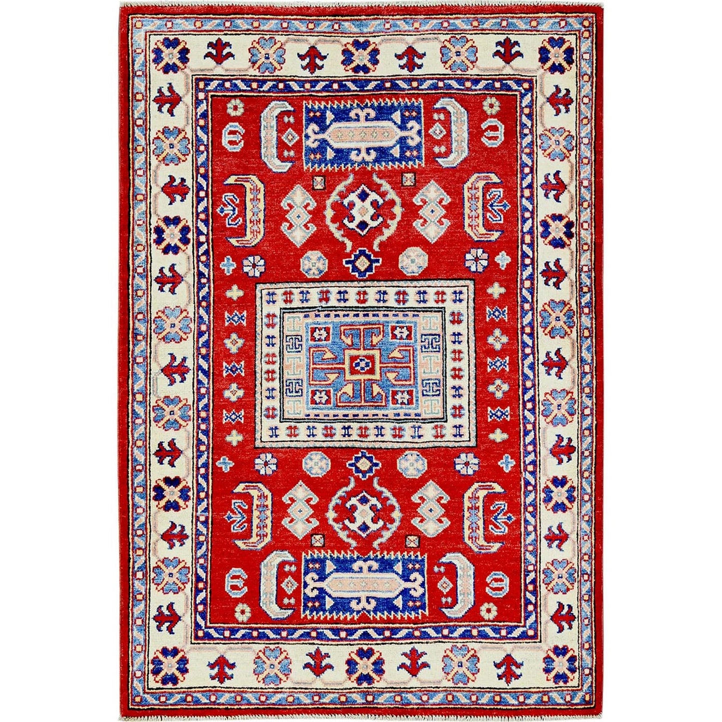 3'5"X5' Red Kazak With Geometric Design Soft Wool Hand Knotted Oriental Rug