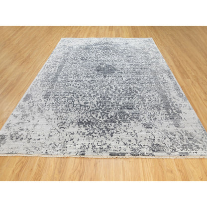 8'X10'1" Hand Knotted Grey Broken Farsian Design Wool And Pure Silk Rug