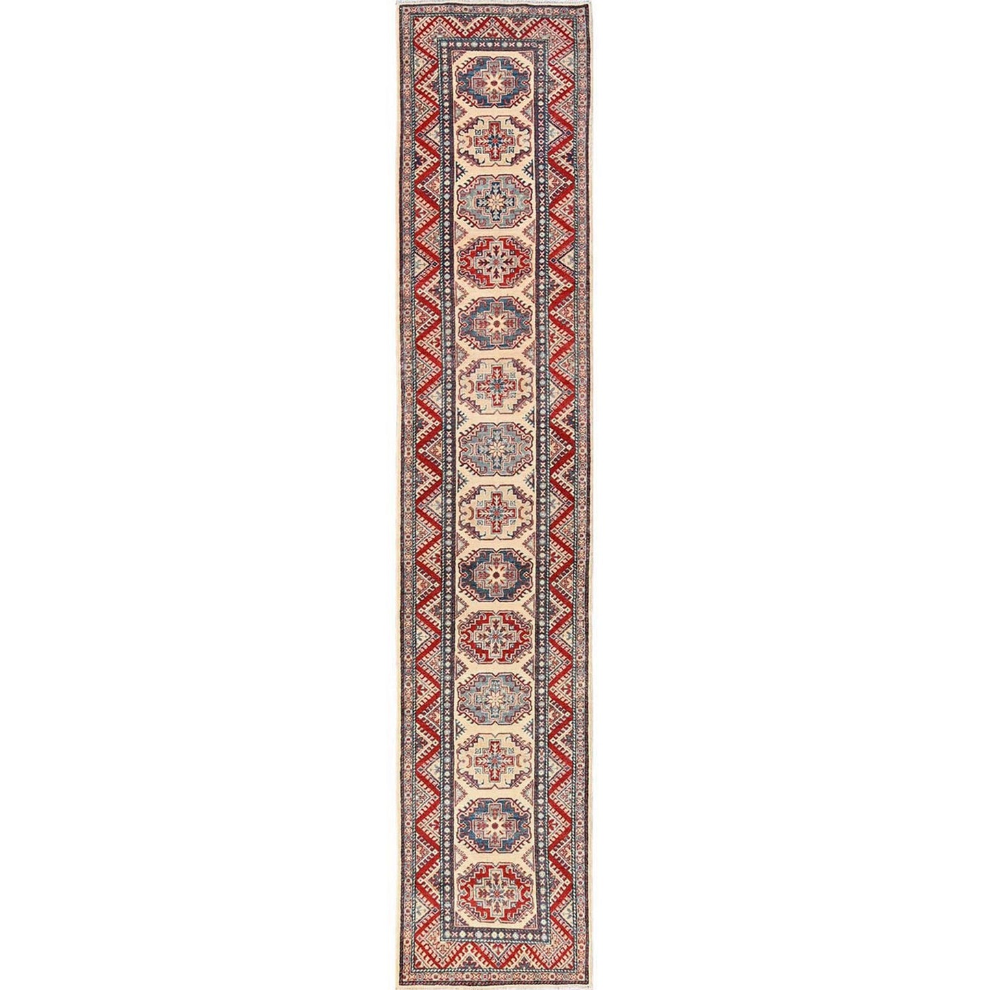 2'10"X15'5" Ivory Kazak With Geometric Design Hand Knotted Rug Wool Runner