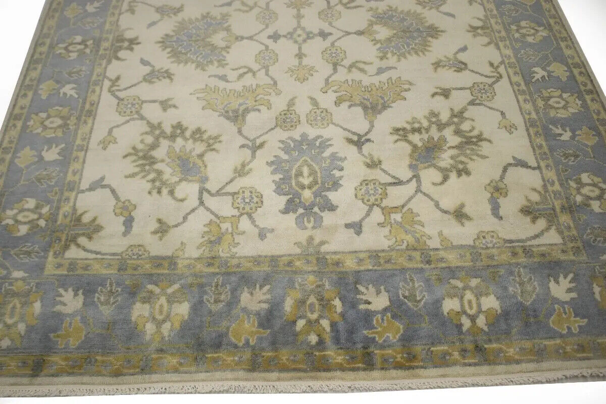Hand-Knotted Oushak Chobi Wool Rug Cream Floral