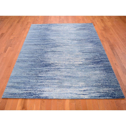 6'X8'10" Blue-Ivory Horizontal Ombre Design Pure Wool Hand Knotted Rug