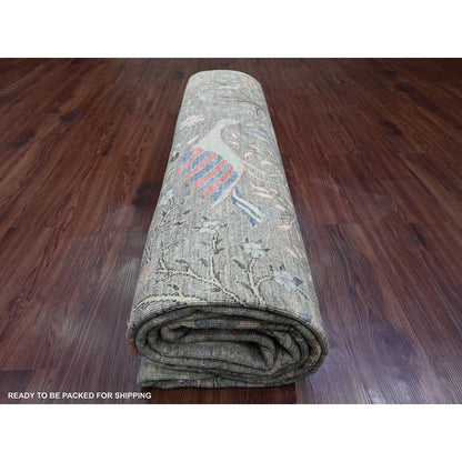 9'1"X11'9" Brown Afghan Peshawar Birds Design Soft Wool Hand Knotted Rug