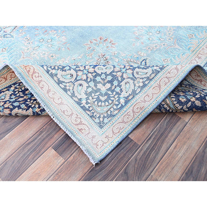 10'X12'9" Blue Worn Down Shiny Wool Cropped Thin Cleaned Oriental Rug