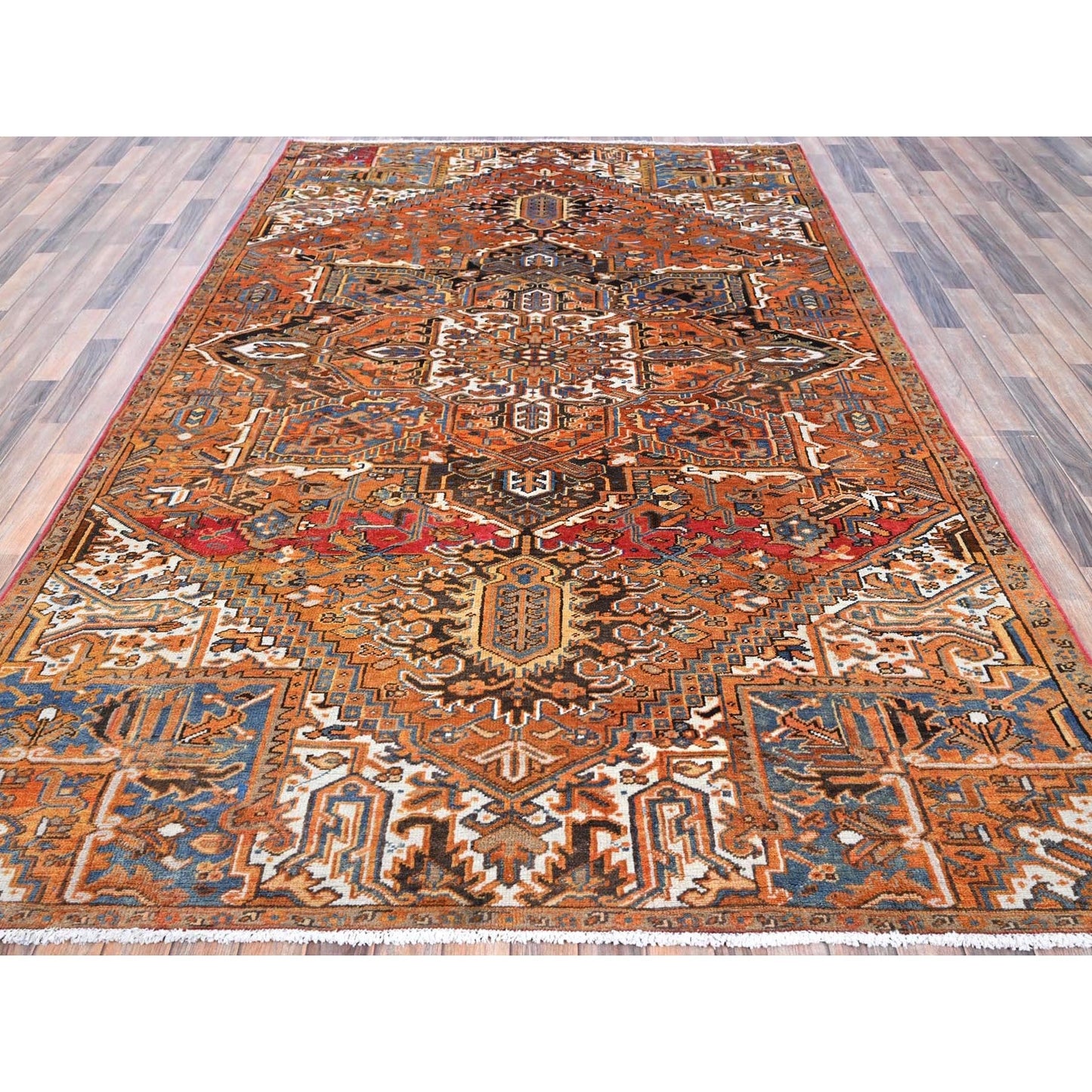 6'10"X10'8" Orange Vintage Zoroastrian Heris 100% Wool Hand Knotted Rug