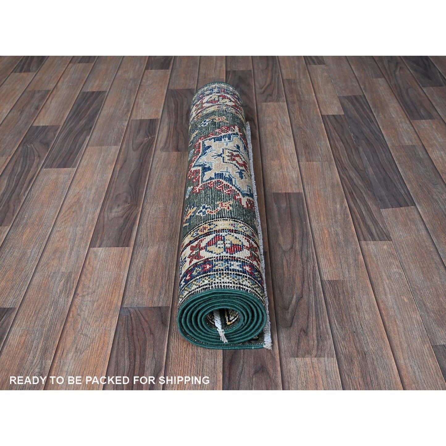 2'8"X6'5" Green Kazak With Geometric Design Wool Hand Knotted Runner Rug