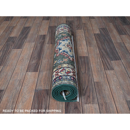 2'8"X6'5" Green Kazak With Geometric Design Wool Hand Knotted Runner Rug