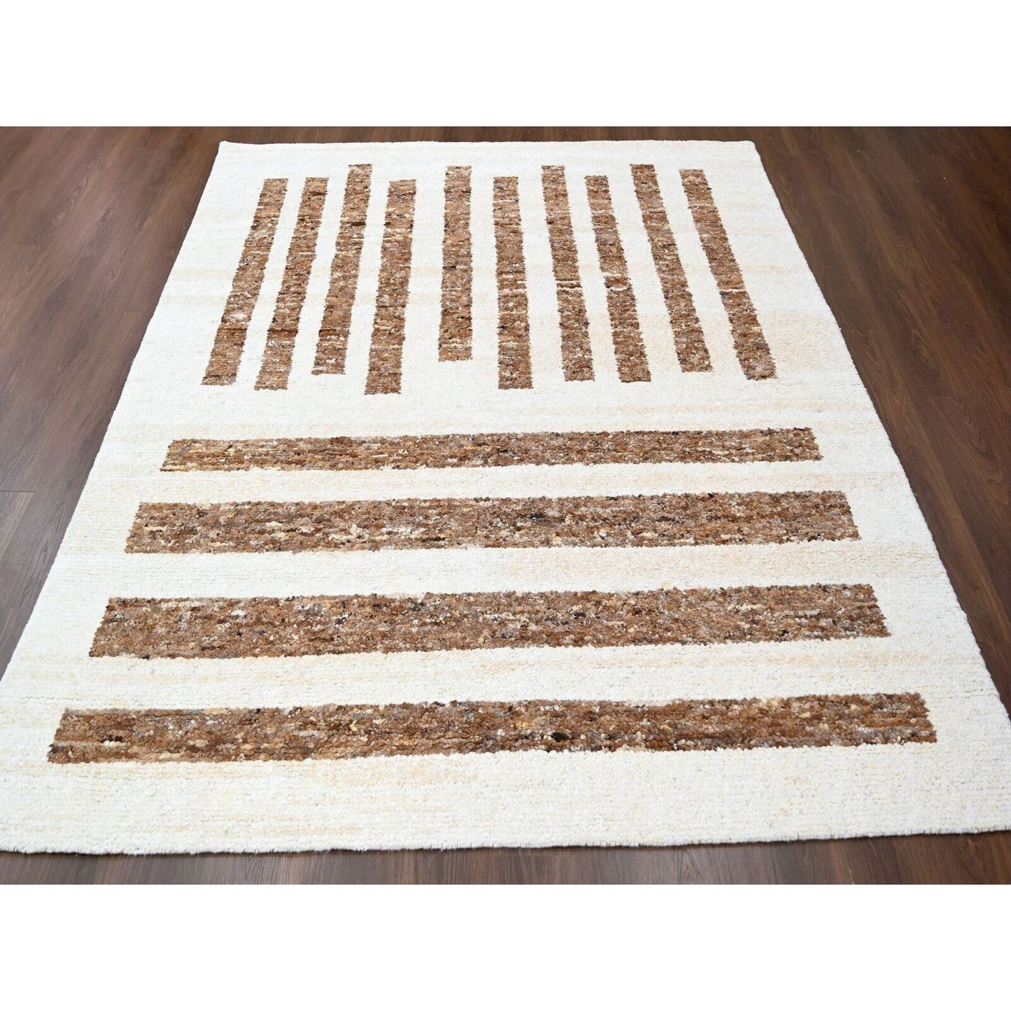 8'2"X9'10"Brown Wool Minimalist Stripe Design Hand Knotted Oriental Rug