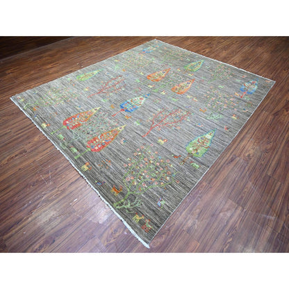 8'X9'5" Gray Folk Art Willow Cypress Tree Design Wool Hand Knotted Rug