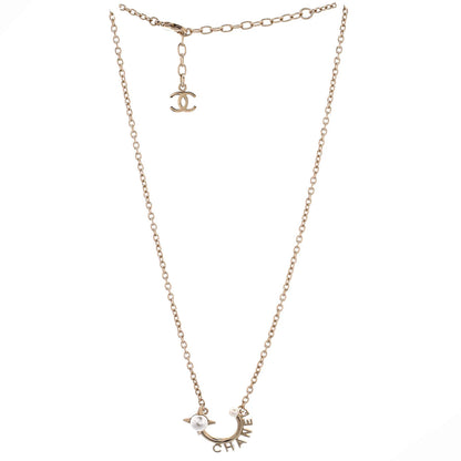 Chanel Logo Semicircle Pendant Short Necklace Metal With Faux Pearls