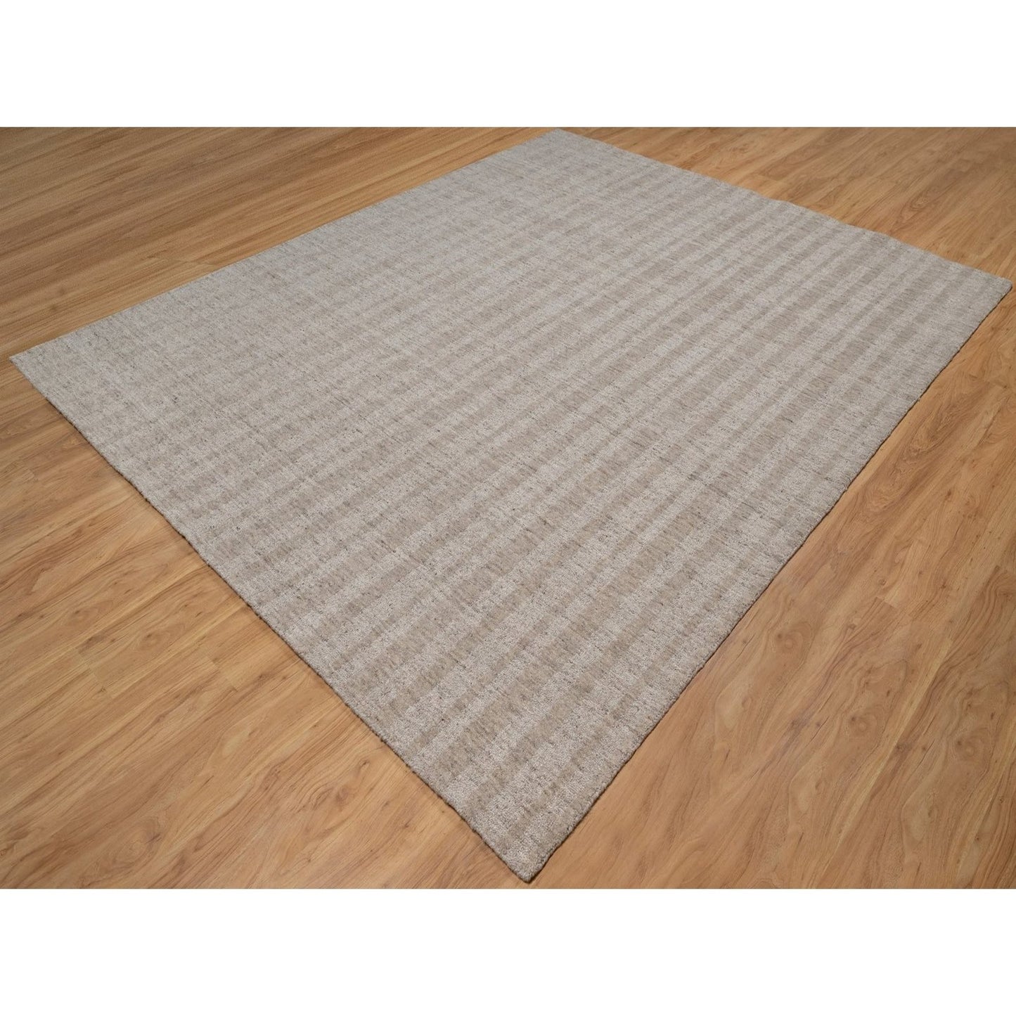 8'1"X10' Tan Brown Hand Loomed Vertical Stripes Design Natural Wool Rug