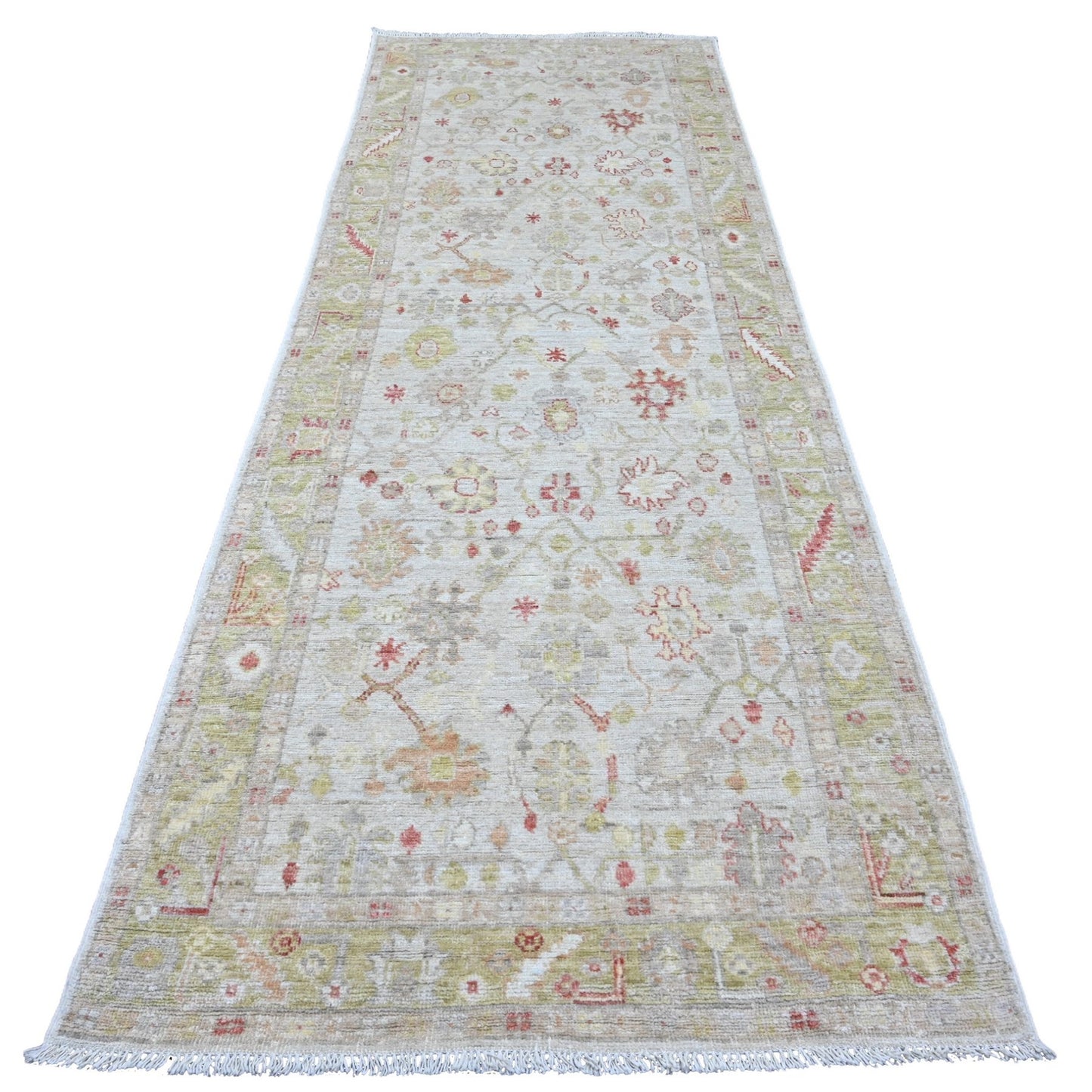 4'X11'9" White Hand Knotted Angora Oushak Leaf Design All Wool Runner Rug