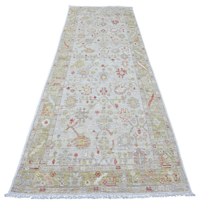 4'X11'9" White Hand Knotted Angora Oushak Leaf Design All Wool Runner Rug