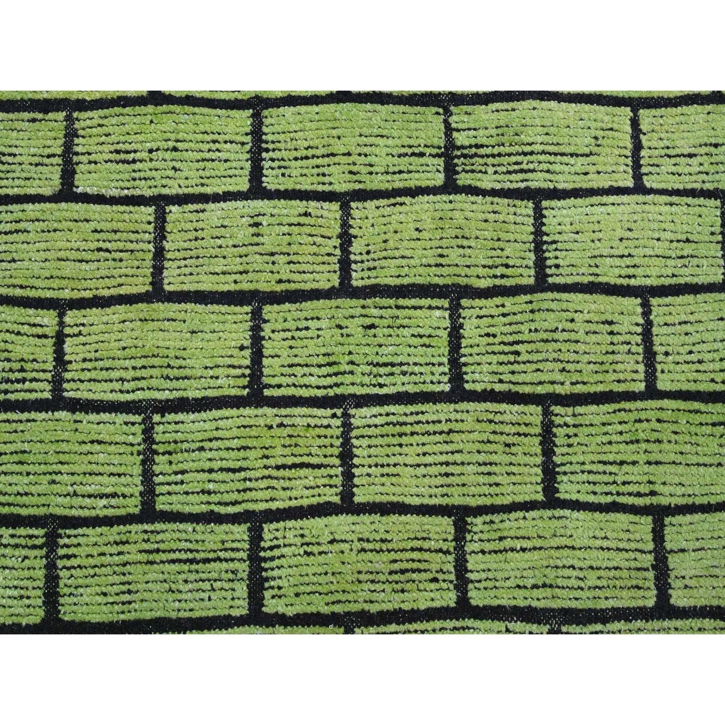 8'2"X10'6" Green Hand Knotted Moroccan Weave Brick Design Pure Wool Rug