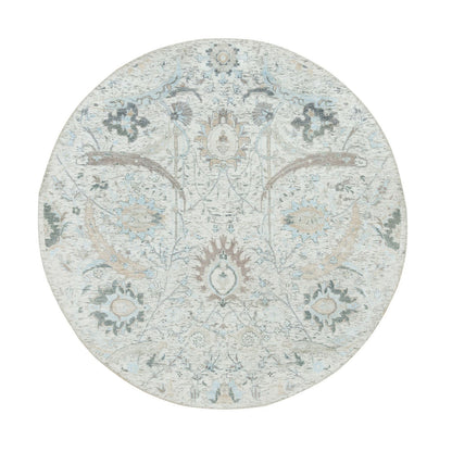 5'X5' Ivory Hand Knotted Sickle Leaf Design Silk With Wool Round Rug