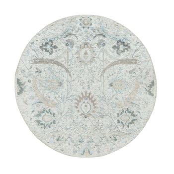 5'X5' Ivory Hand Knotted Sickle Leaf Design Silk With Wool Round Rug