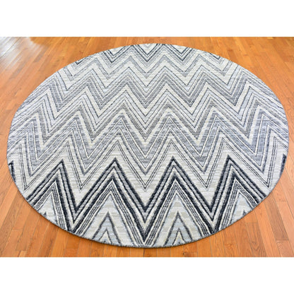 9'X9' Gray Chevron Design Textured Wool And Silk Hand Knotted Round Rug