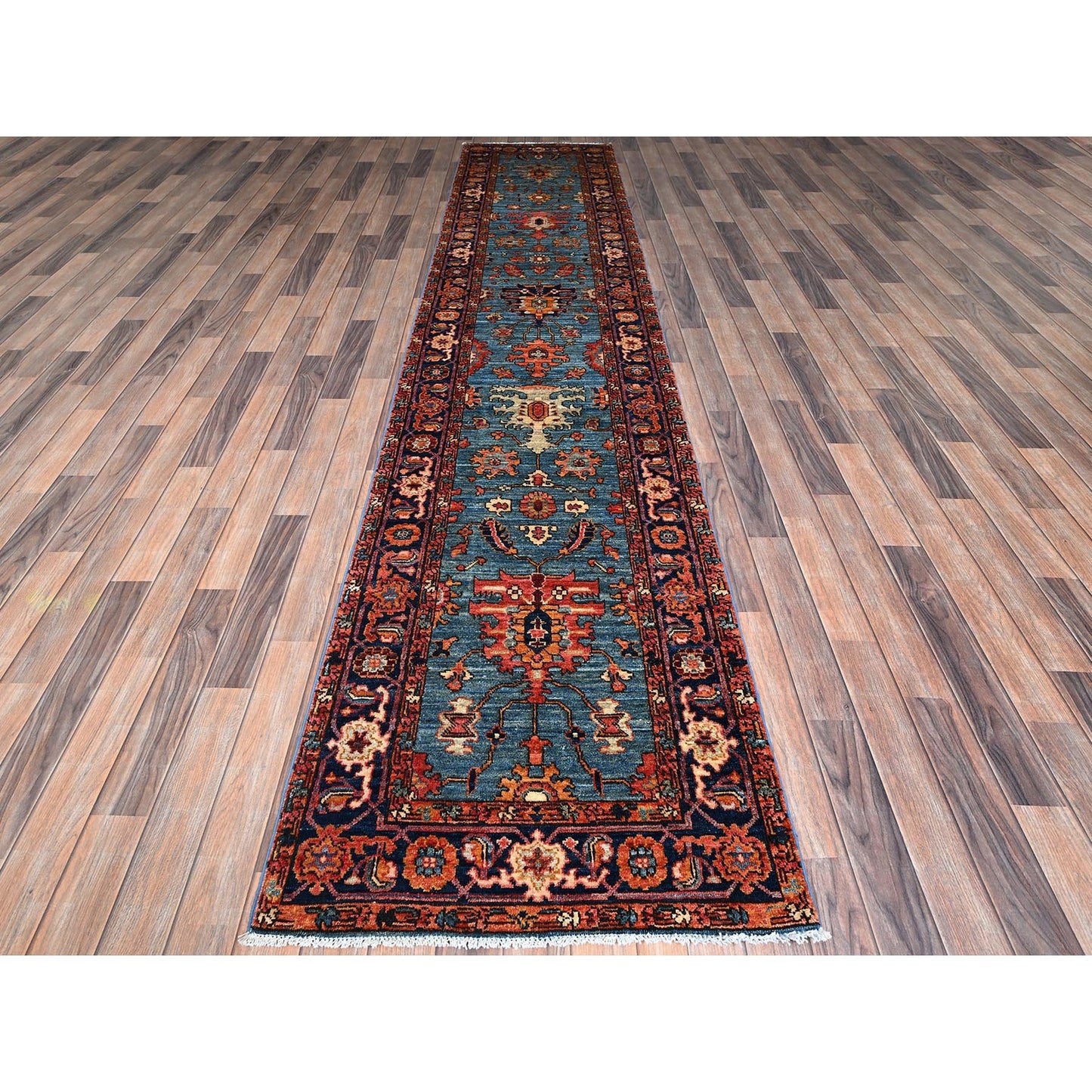 2'9"X12'10" Blue Heris All Over Design Soft Wool Hand Knotted Runner Rug