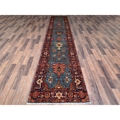 2'9"X12'10" Blue Heris All Over Design Soft Wool Hand Knotted Runner Rug