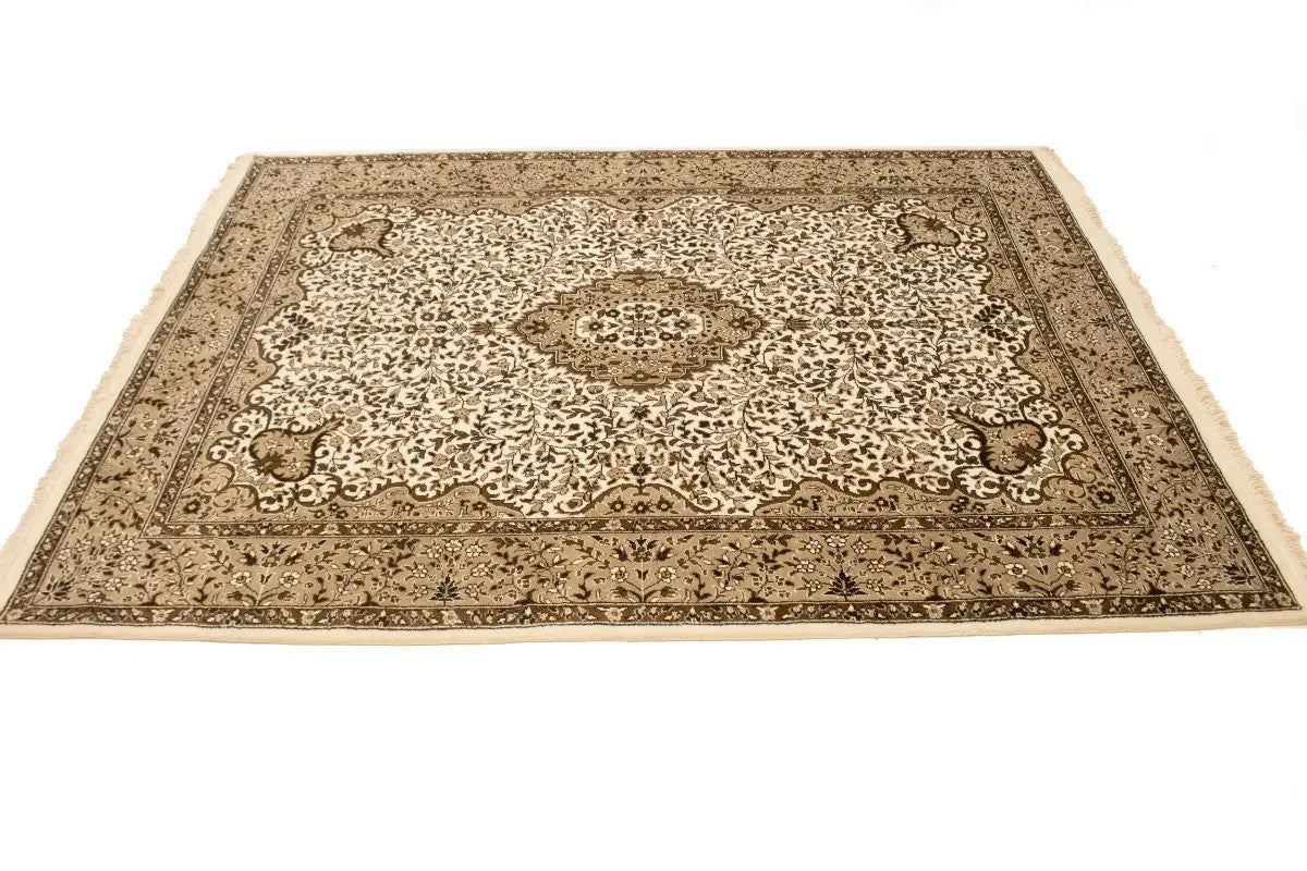6X8 Hand-Knotted Extra Fine Kirman Oriental Rug Cream Floral Studio Carpet