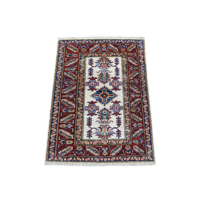 2'X2'10" Ivory Super Kazak Tribal Design Extra Soft Wool Hand Knotted Rug