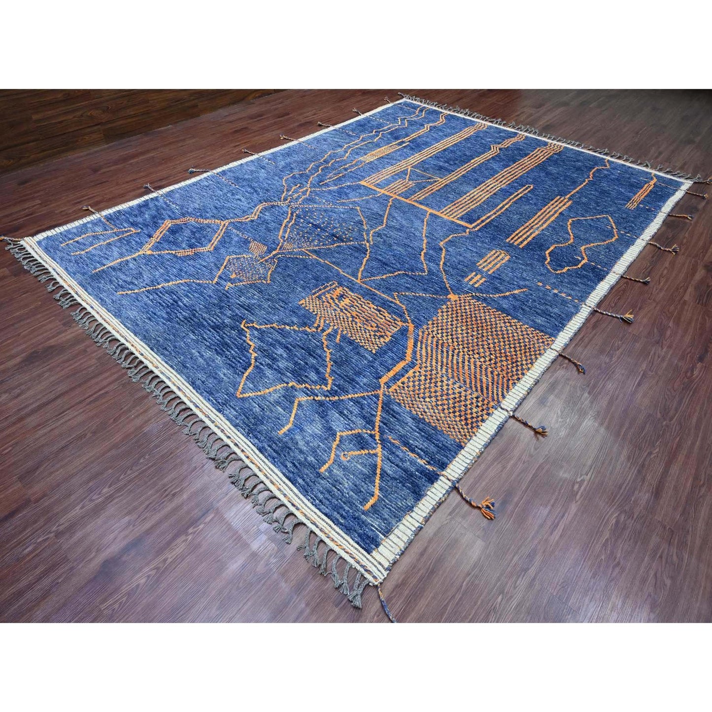 9'X12'5" Blue Moroccan Weave Arts And Crafts Design Hand Knotted Wool Rug