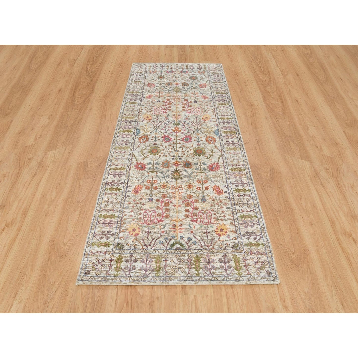 4'3"X10' Taupe Directional Vase Design Silk/Wool Hand Knotted Runner Rug