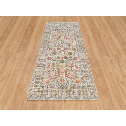 4'3"X10' Taupe Directional Vase Design Silk/Wool Hand Knotted Runner Rug