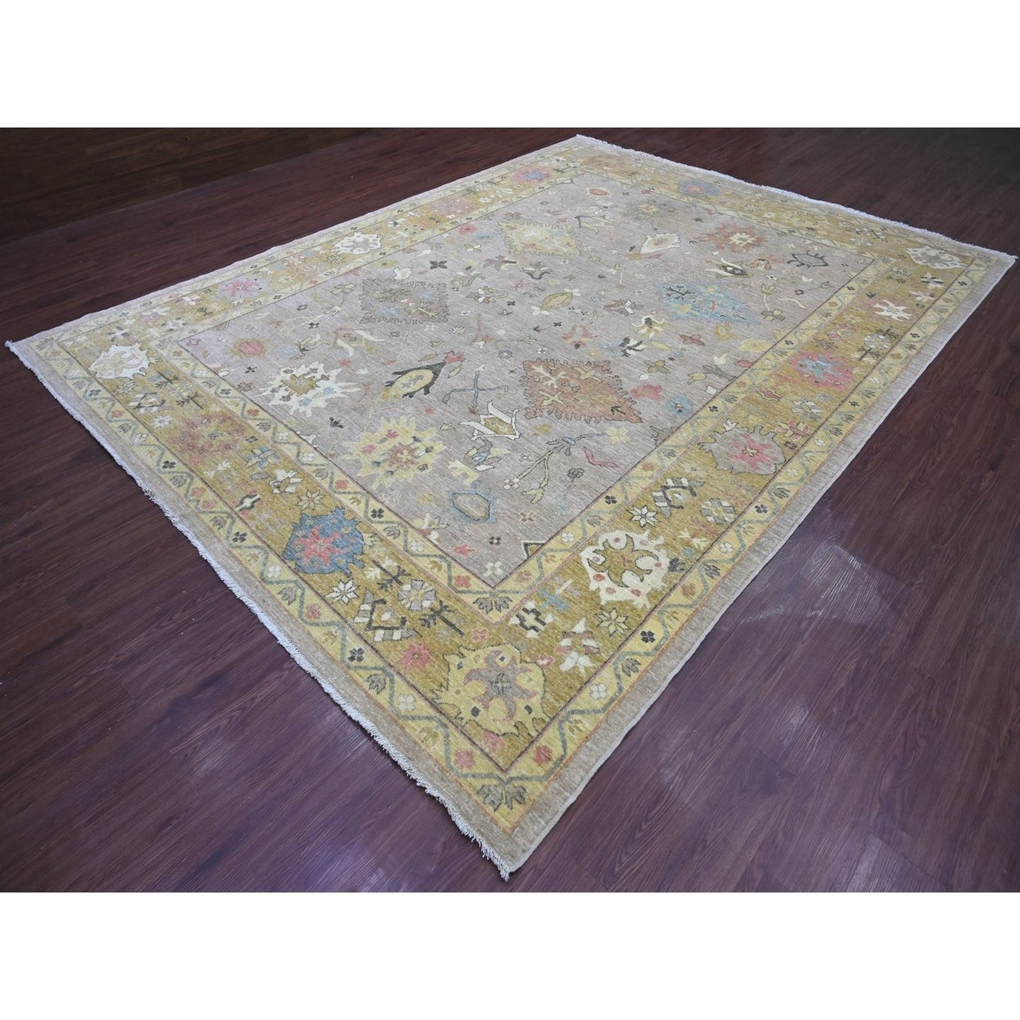 9'3"x12'2" Gray Peshawar with Serrated Gul Motif Hand Knotted Wool Rug
