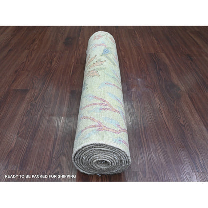 2'9"X11'8" Green Hand Knotted Peshawar Birds Design Soft Wool Runner Rug
