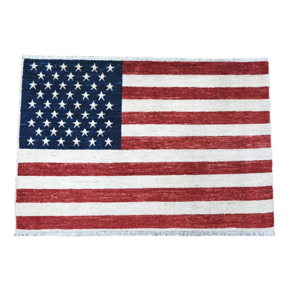 2'6"X3'9" Red Wall Hanging American Flag Hand Knotted Pure Wool Rug