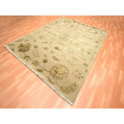 8'X10' Ecru Brown Wool & Silk Botanical Design Hand Knotted Oriental Rug