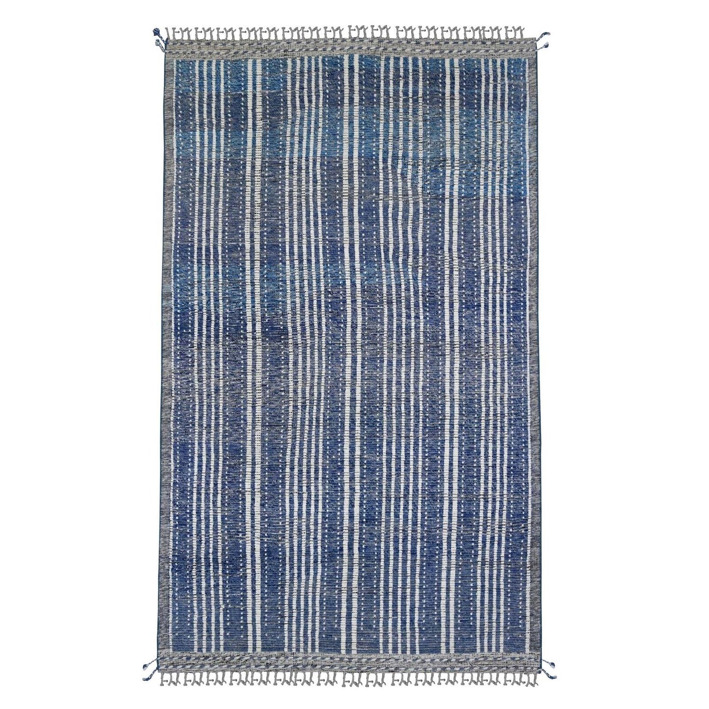 6'X10'4" Blue Moroccan Weave With Line Design Soft Wool Hand Knotted Rug