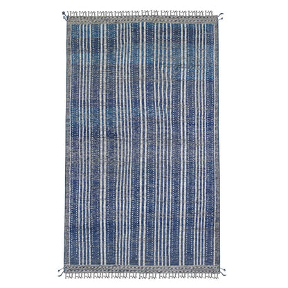 6'X10'4" Blue Moroccan Weave With Line Design Soft Wool Hand Knotted Rug