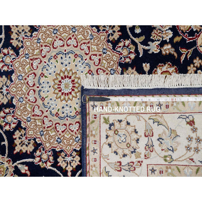 5'X5' Blue Wool And Silk Hand Knotted Nain With Flower Design Square Rug