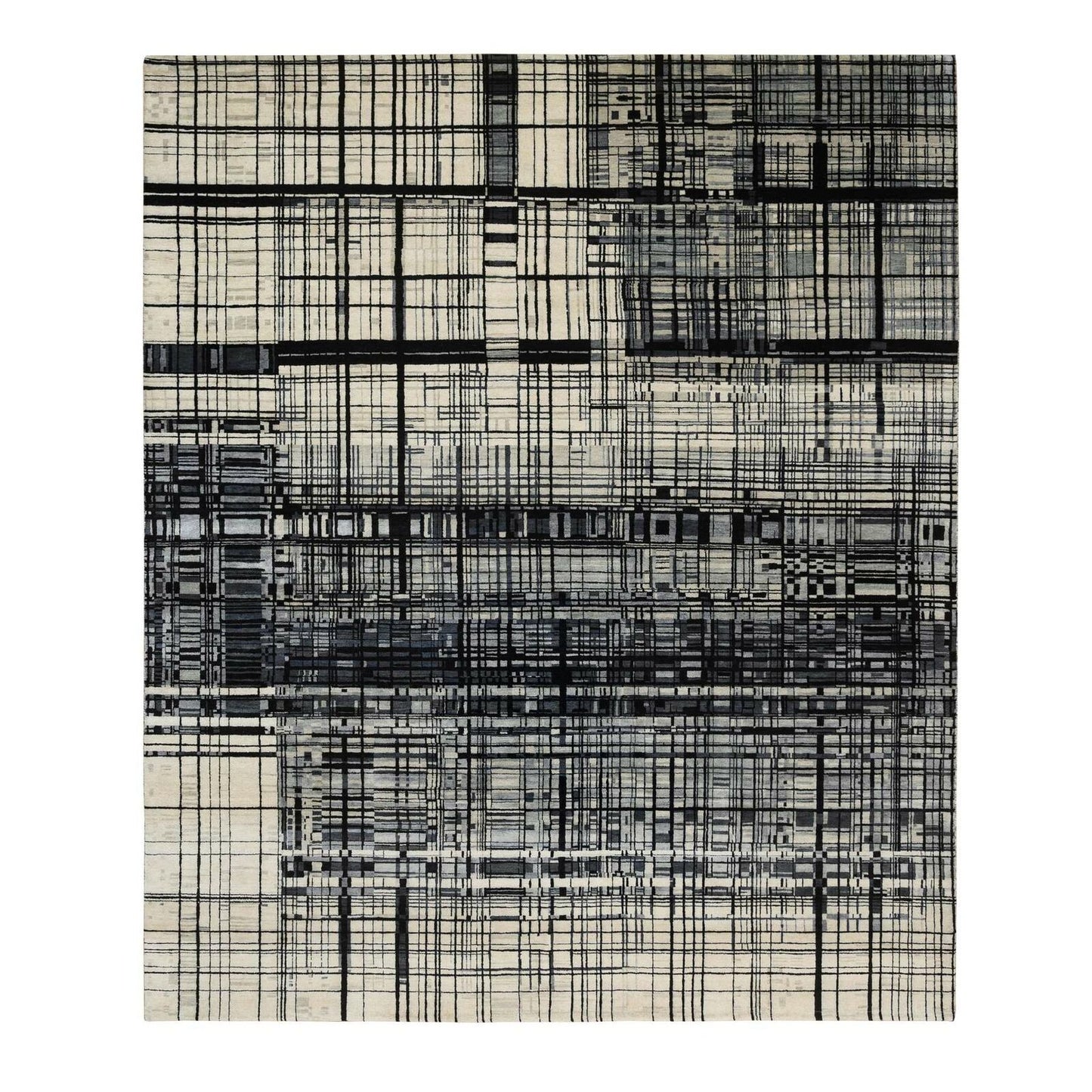 8'2"X9'9" Black Modern Lines Design Ghazni Wool Hand Knotted Rug