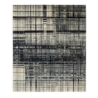 8'2"X9'9" Black Modern Lines Design Ghazni Wool Hand Knotted Rug