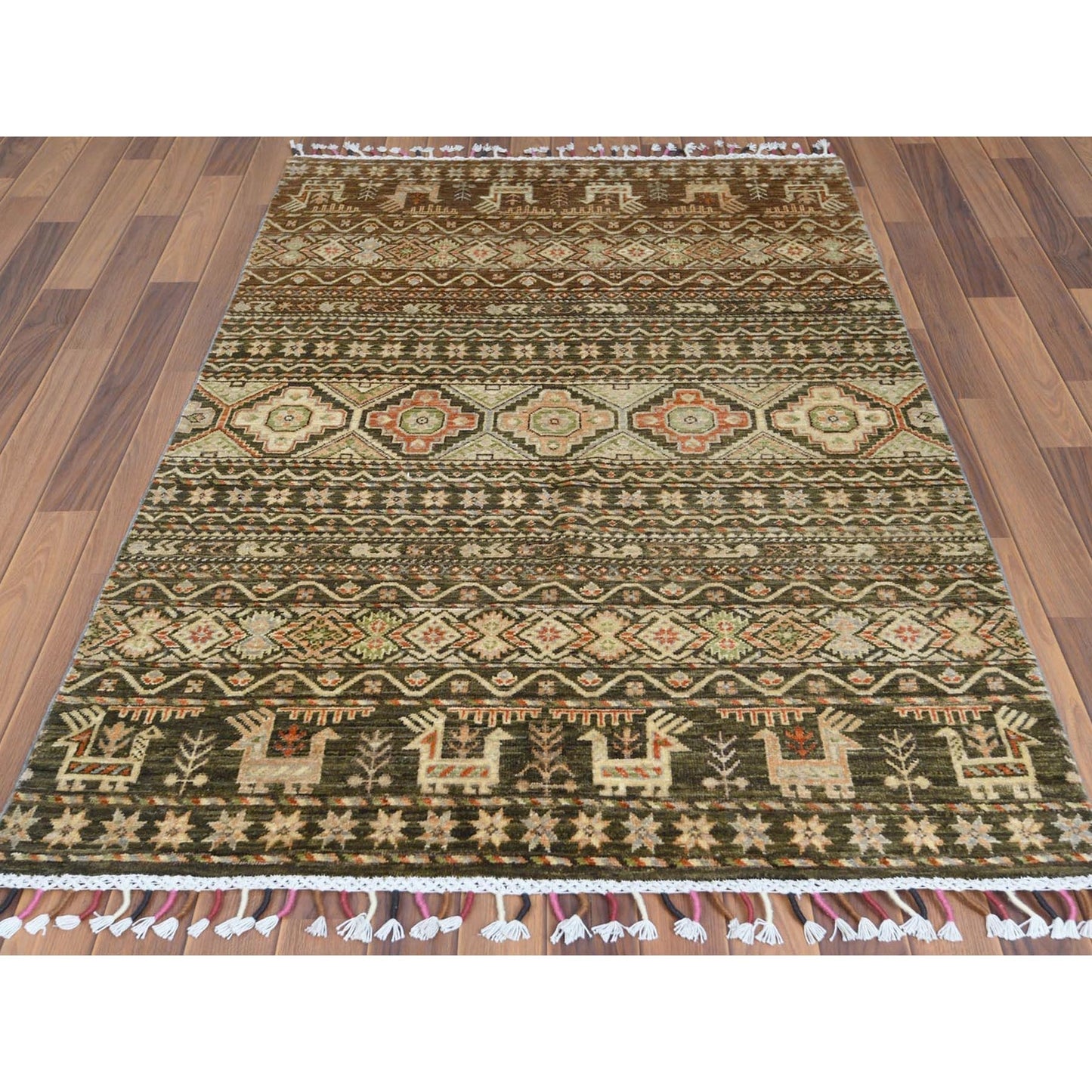 4'X5'9" Green Hand Knotted Super Kazak Khorjin Design Natural Wool Rug