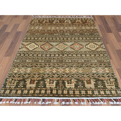 4'X5'9" Green Hand Knotted Super Kazak Khorjin Design Natural Wool Rug