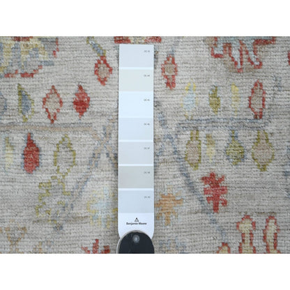 4'1"X10'1" White Hand Knotted Angora Oushak Leaf Design Wool Runner Rug