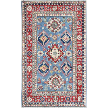 Rug 3'10"x6'3" Ruddy Blue Kazak Geometric Design Soft Wool Hand Knotted