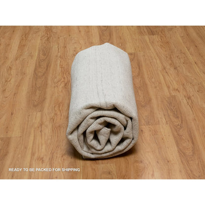 8'1"X10' Ivory Hand Loomed Vertical Stripes Design Natural Wool Rug