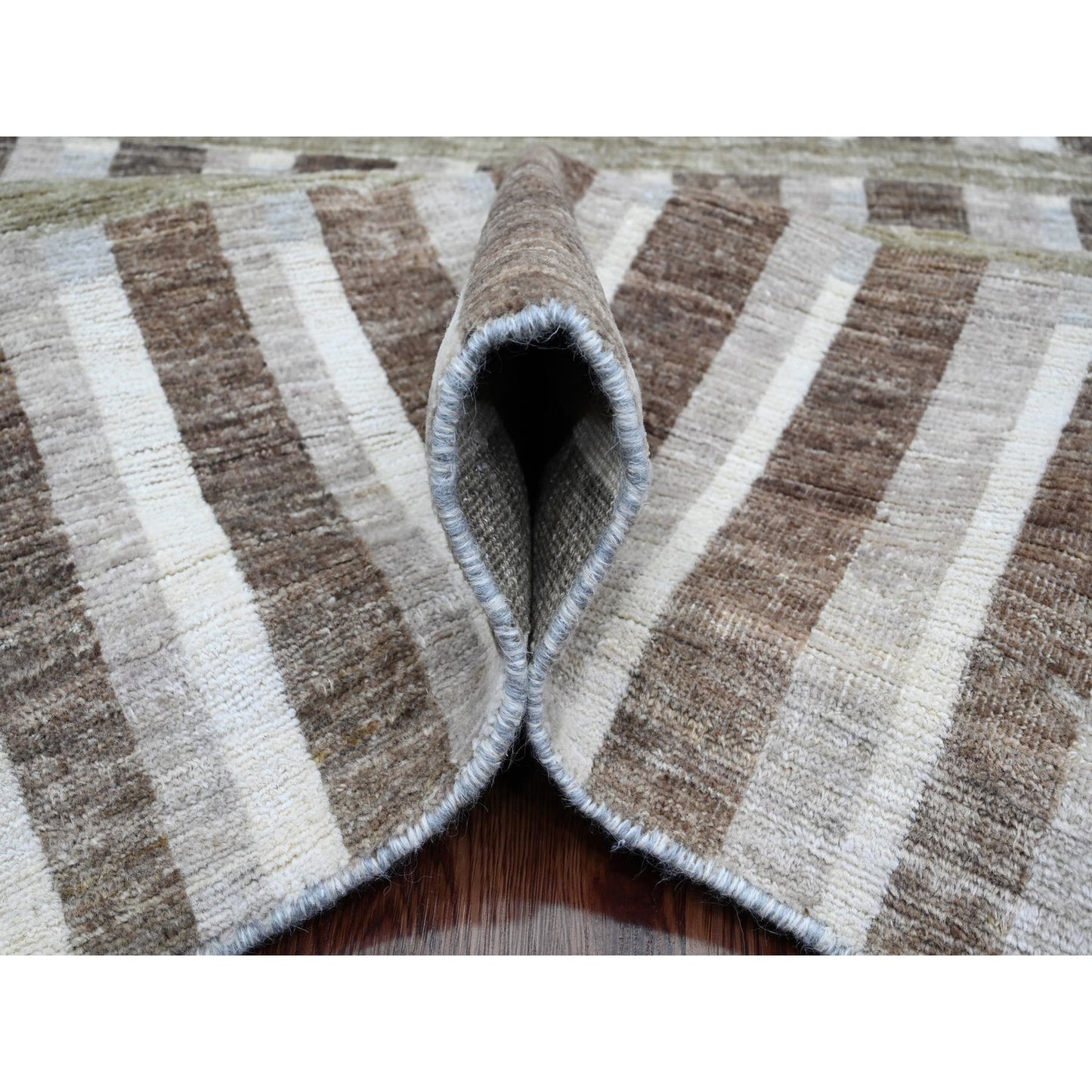 8'X9'9" Brown Bauhaus Inspired Line Design Hand Knotted Soft Wool Rug