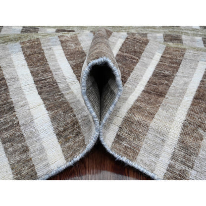 8'X9'9" Brown Bauhaus Inspired Line Design Hand Knotted Soft Wool Rug